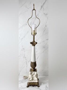 Neoclassical Cast Bronze Cherub Angel Putti Buffet Table Lamp 38" Vtg Antique